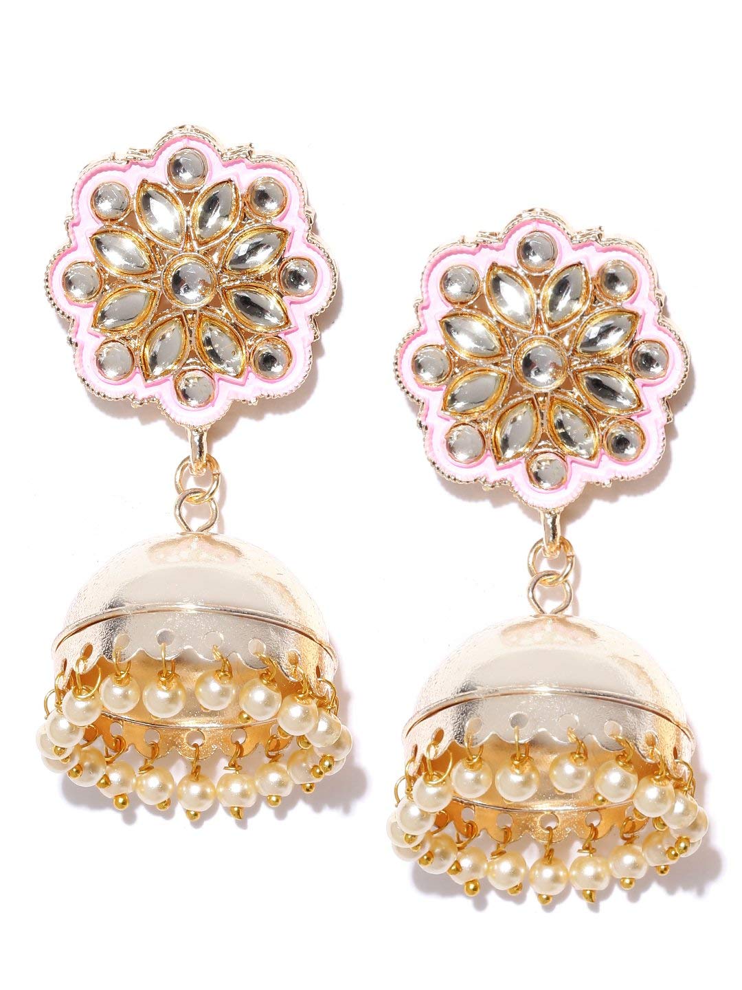 Priyaasi Gold-Plated Kundan Studded Floral Patterned Meenakari Jhumka Earrings in Pink Color with Pearls Drop