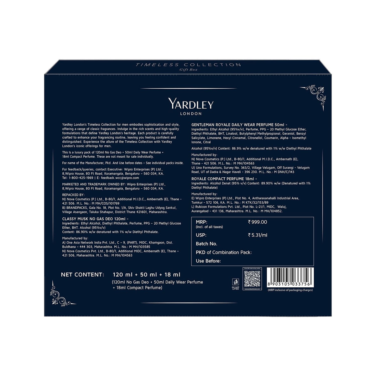 Yardley London Gentleman Range Assorted Pack With Royale Daily Wear Perfume, Compact Perfume, and Classy Musk Body Perfume - The Elite Collection| A Timeless Gift Collection For Men| Daily Use Body Perfume & No Gas Deodorant With Masculine Fragrance