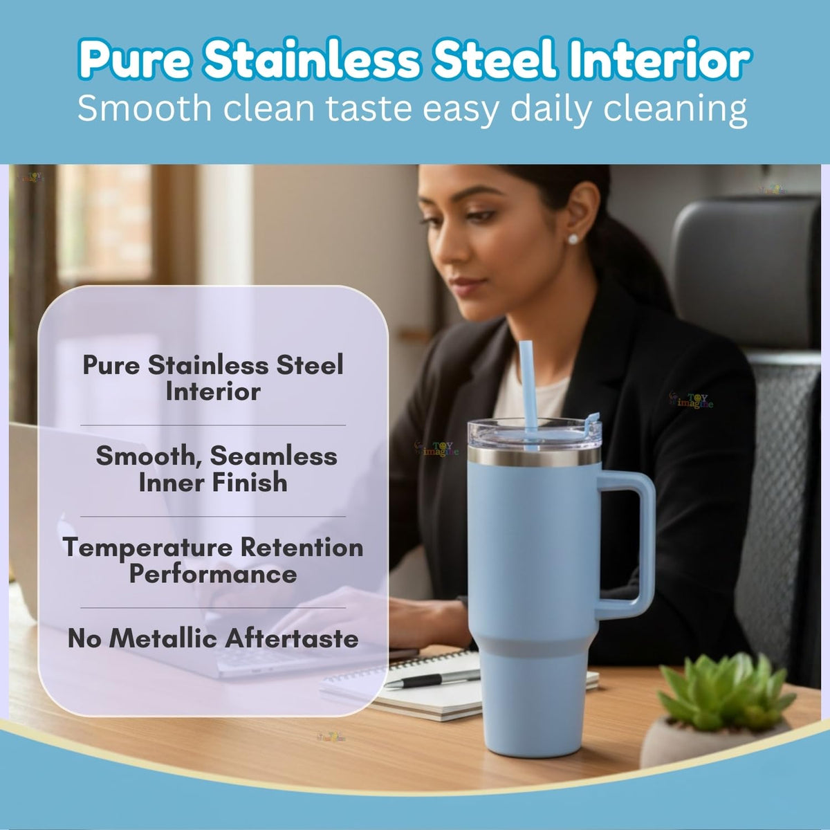 Toy Imagine Stainless Steel Insulated Tumbler with Handle, Lid & Straw | Hot & Cold Large Travel Mug Water Cup for Gym, Office & Outdoor Use | Leakproof | 1200 ml(Blue)