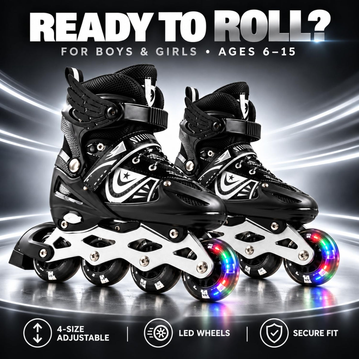 Toy Imagine Adjustable Inline Skates for Kids & Adults, Ages 6-18, Black