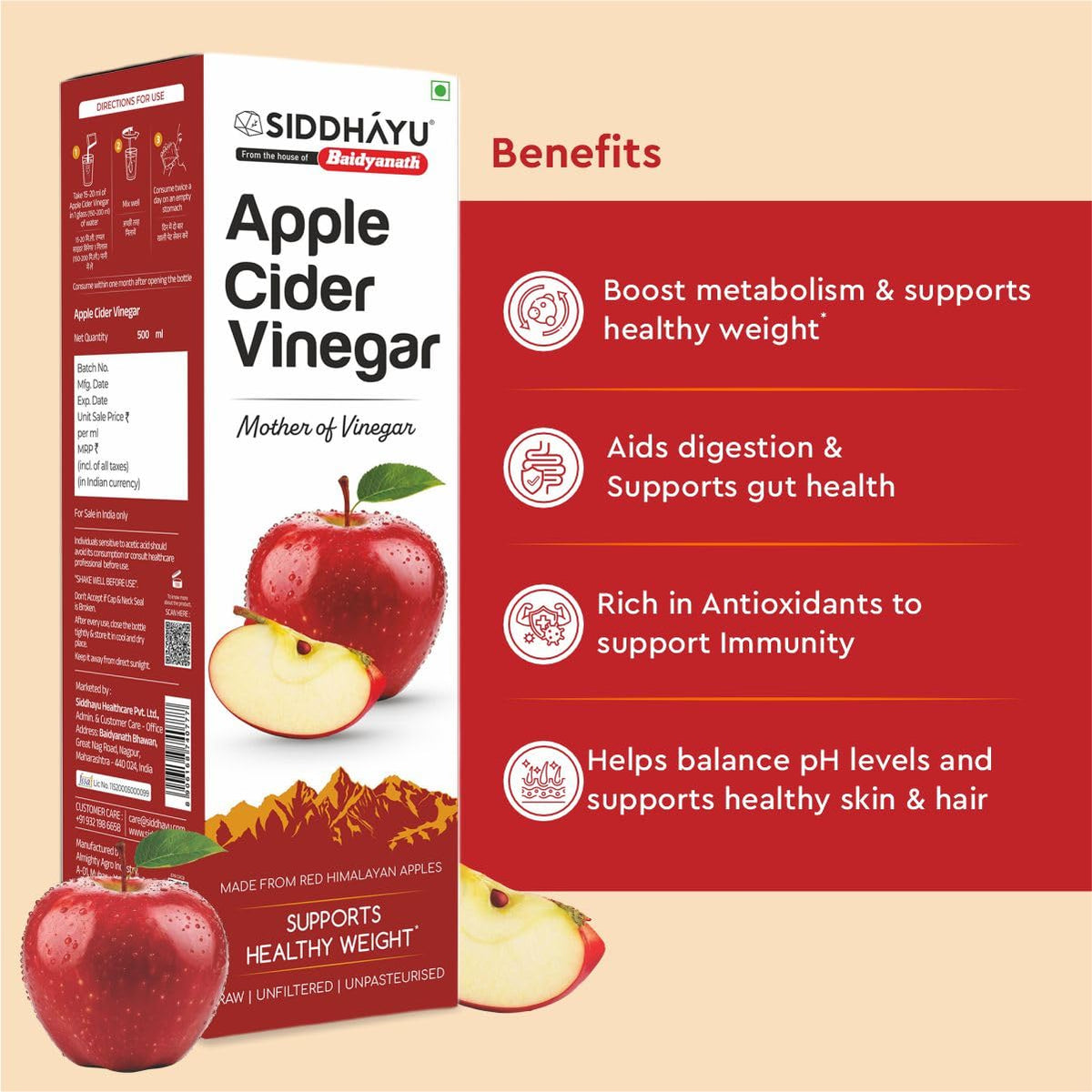 Baidyanath Asli Ayurved Apple Cider Vinegar - 500ml | Mother of Vinegar – Red Himalayan Apples | Healthy Skin & Hair - Raw, Unfiltered & Unpasteurized | 100% Pure