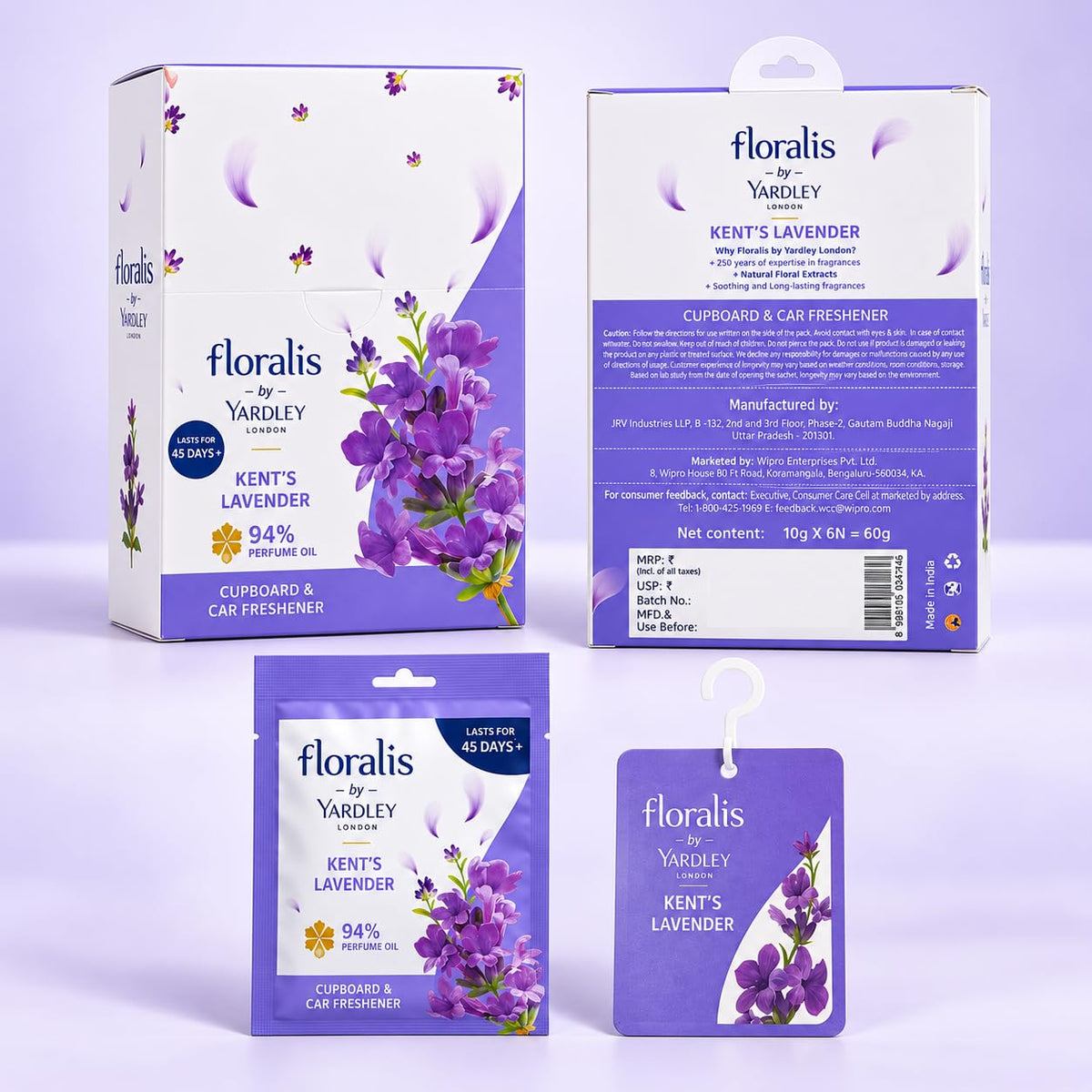 Yardley London Floralis Kent's Lavender Cupboard & Car Freshener (10g) | 94% Perfume Oil Sachet | Long-Lasting Fragrance Up to 45 Days for Wardrobes, Drawers & Cars (Kent Lavender) (Pack of 6)