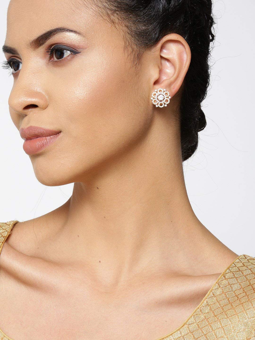 Priyaasi Beautiful White & Gold Floral Design Gold-Plated Ear Stud For Women and Girls