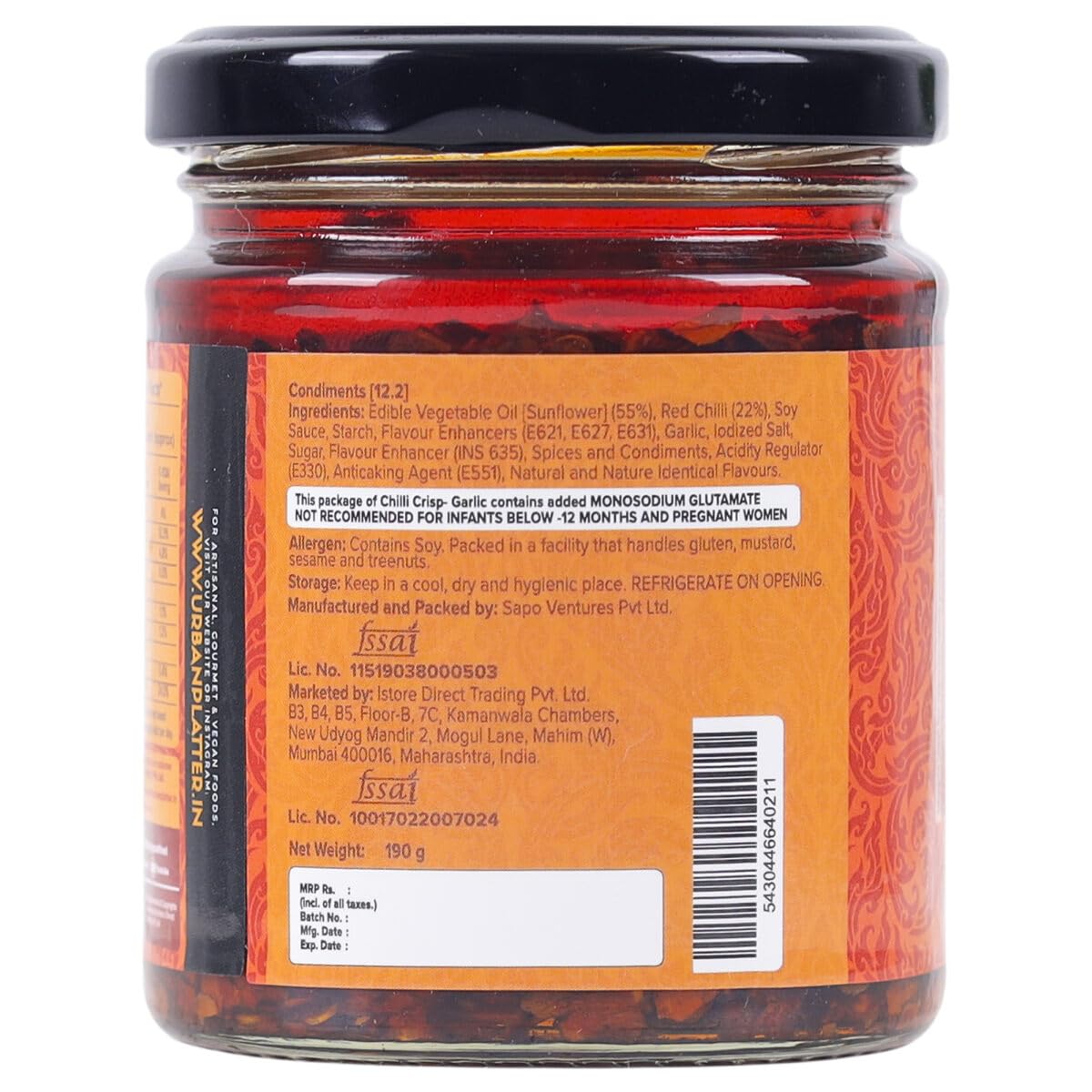 Urban Platter Chilli Garlic Crisp, 190g (Crunchy Chilli and Garlic in Sunflower Oil | Versatile Condiment | Spicy | Savoury)