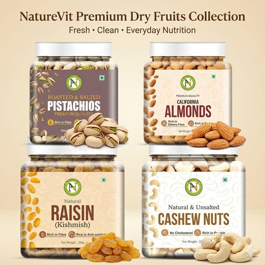 NatureVit Dry Fruits Combo Pack, 1 Kg | Almond, Cashew, Raisins, Roasted Pistachio (250gm x 4) | Tasty, Fresh & Healthy | High in Protein | Healthy Gifts Hamper Every Occasion, Diwali Gift Pack Family, Corporate Office Gifts Combo