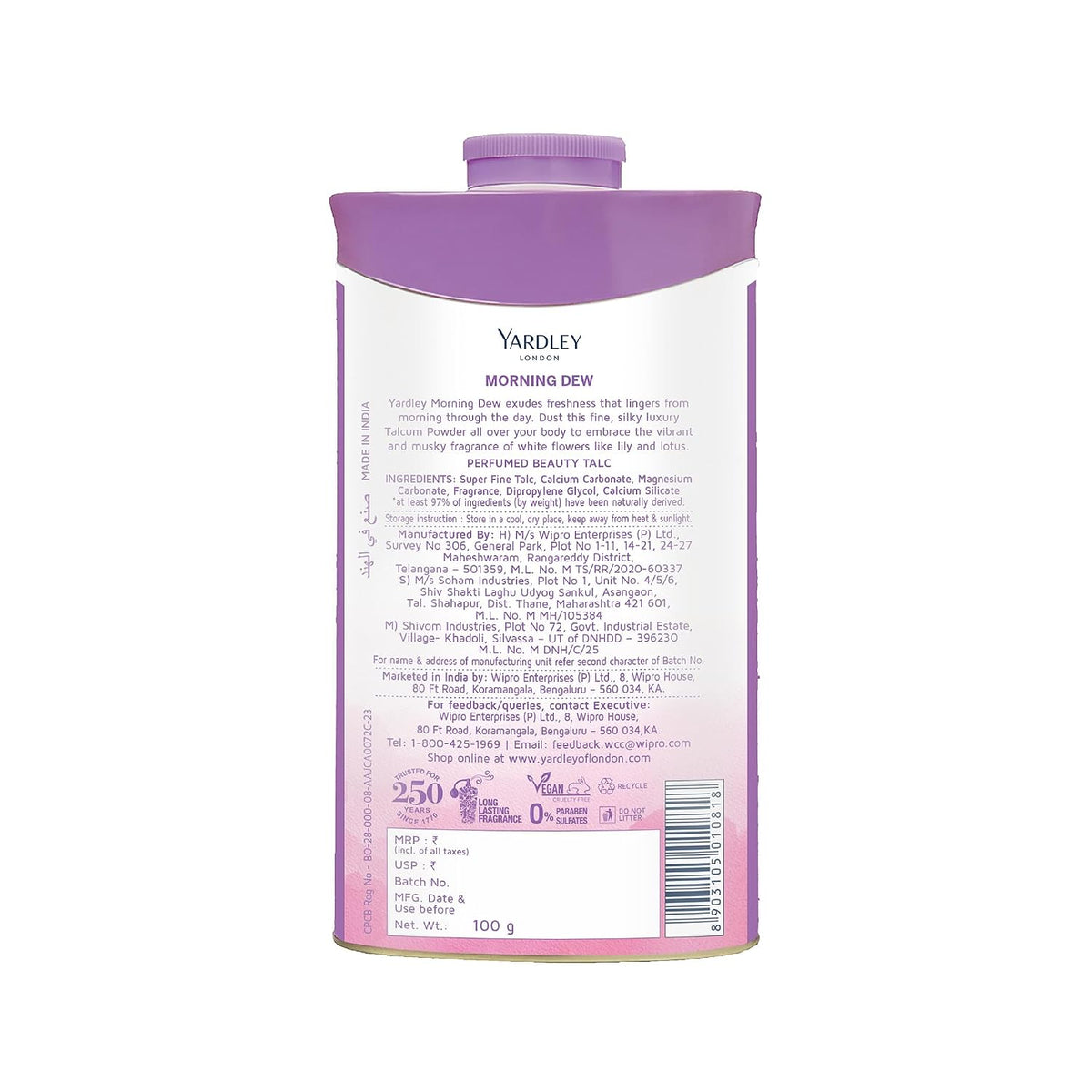 Yardley London Morning Dew Perfumed Beauty Talc | For Fragrant Glow |100g
