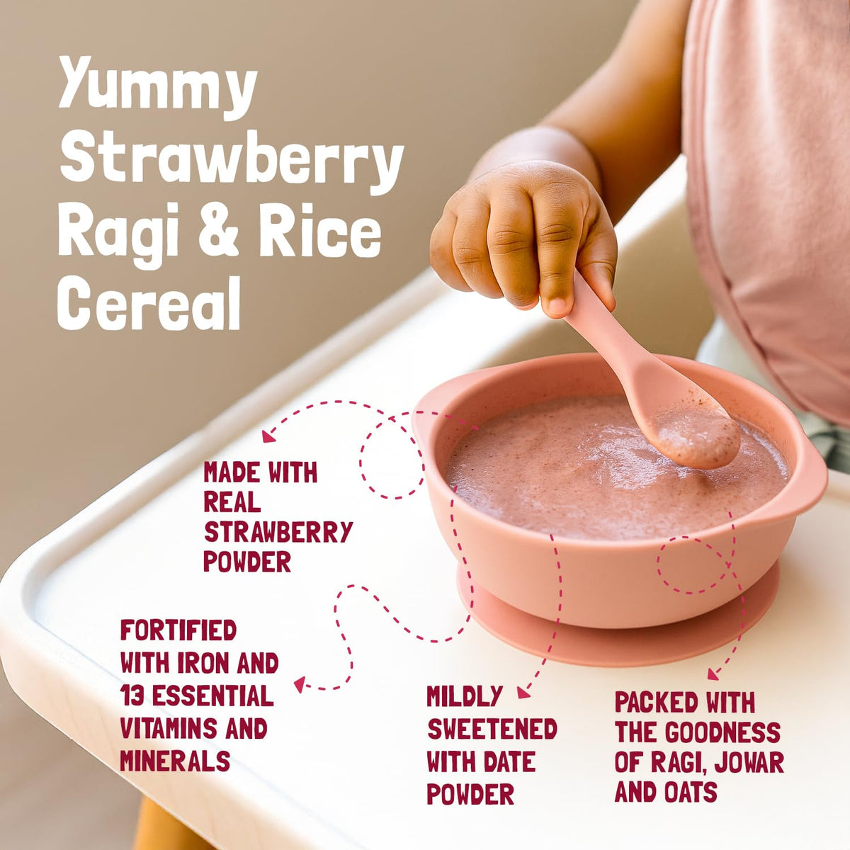 Slurrp Farm Cereal, Ragi, Rice and Strawberry with Milk, Instant Healthy Food, NO Added Sugar, Mildly Sweetened with Date Powder