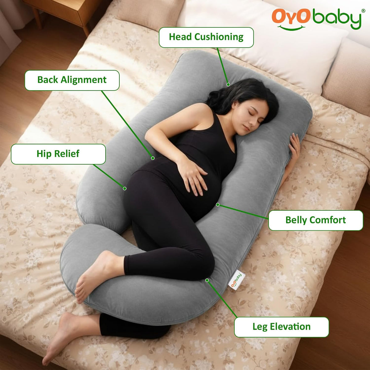 OYO BABY Maternity Pillows J-Shape Full Body Pillow | 360° Maternity Support for Back, Hips, Legs & Belly | Pregnancy Pillows for Women | Removable Washable Velvet Cover (Light Grey)