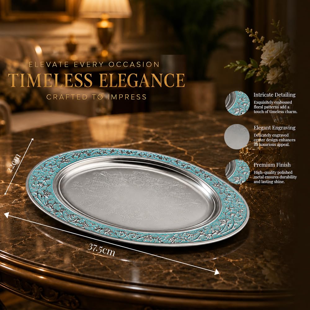 Diviniti Luxury Oval Decorative Tray | Premium Silver Finish Metal Oval Platter with Turquoise Embossed Border | Luxury Home Décor Display Tray for Coffee Table, Dining Table, Console & Gifting (Blue)