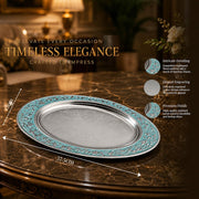 Diviniti Luxury Oval Decorative Tray | Premium Silver Finish Metal Oval Platter with Turquoise Embossed Border | Luxury Home Décor Display Tray for Coffee Table, Dining Table, Console & Gifting (Blue)