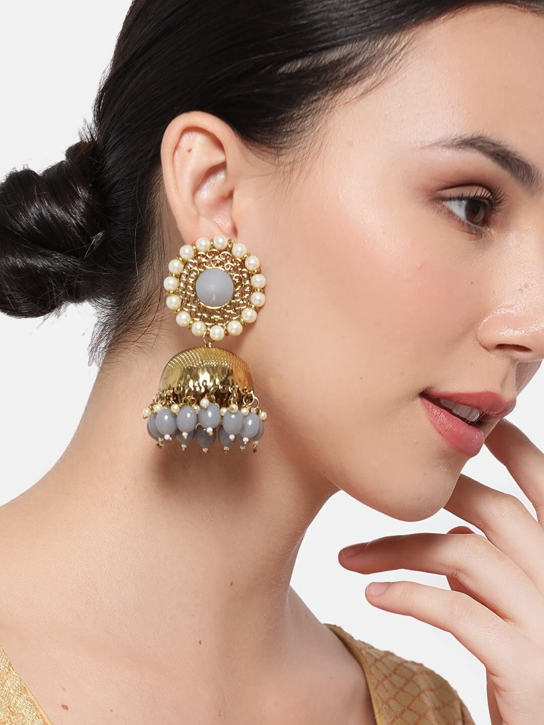 Priyaasi Grey Gold-Plated Beaded Dome Shaped Jhumkas