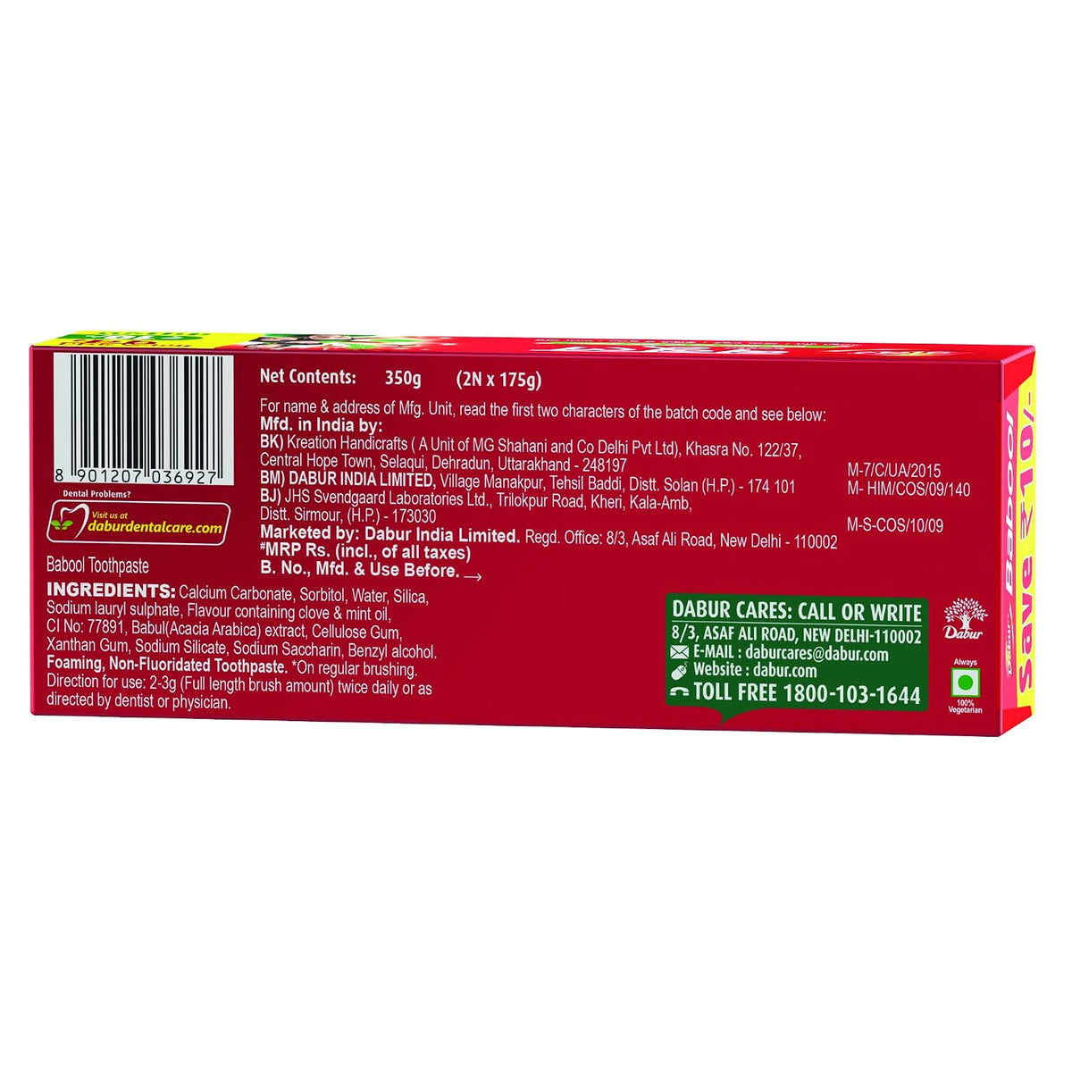 Dabur Babool Ayurvedic Toothpaste -350g (175g x 2, Pack of 2) | For Strong Teeth & Healthy Gums | Helps in Cavity Protection, Fresh Breathe | All Round Protection