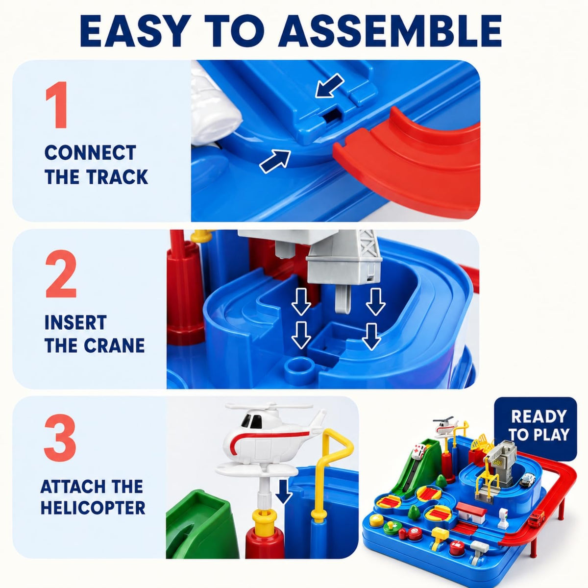 Toy Imagine Car Race Track Toy for Kids 3+ Years City Rescue Vehicle Playset with 4 Mini Cars & 6 Control Buttons, Helicopter, Adventure Ramps Educational Puzzle & Motor Skill Toy for Boys & Girls