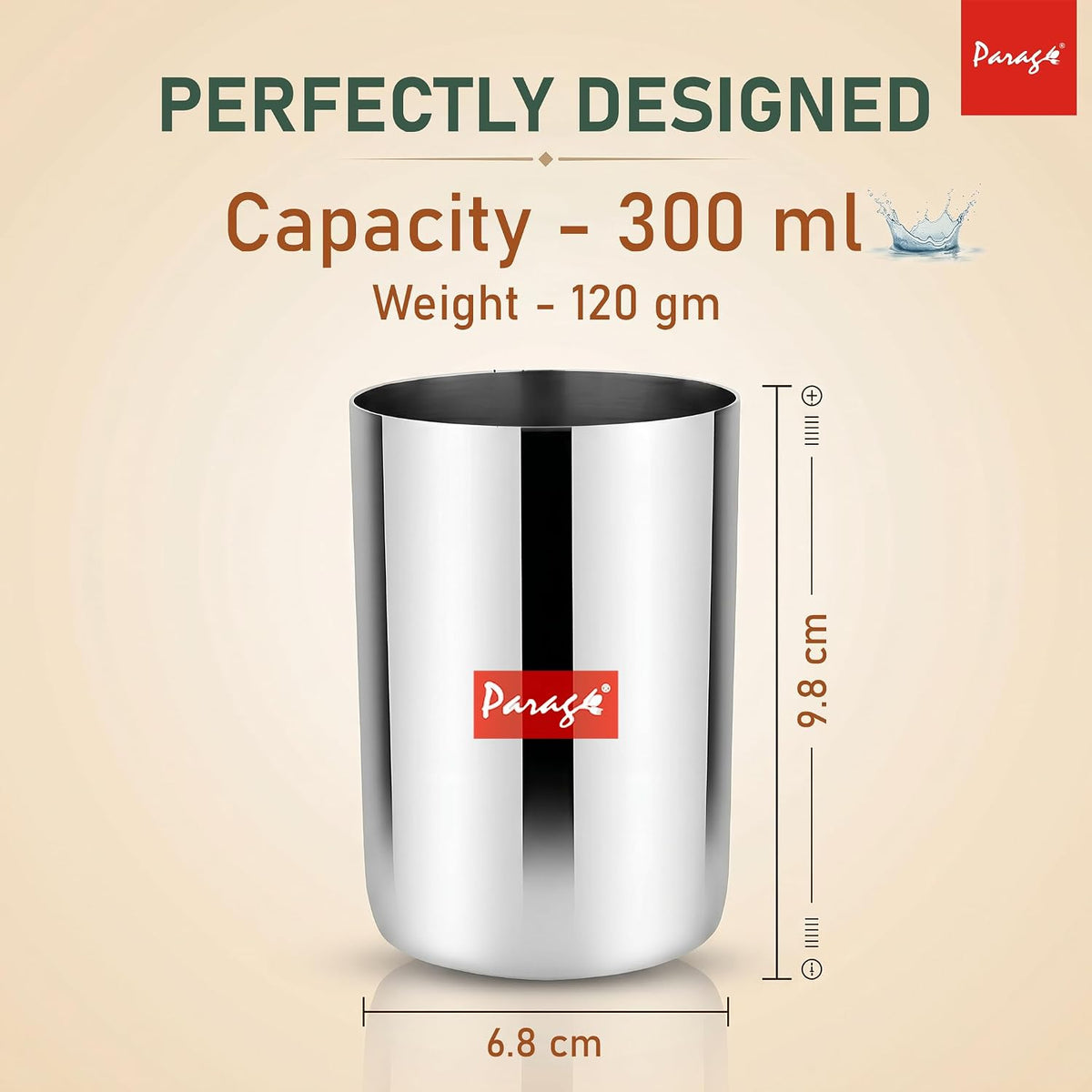 Parage 6 Pieces Stainless Steel Heavy Gauge Glass Set/Scratch Resistant, Serving Glass/ 300ml Glass for Water & Juice (Silver, Dia 6.5 cm, Hight 10 cm)