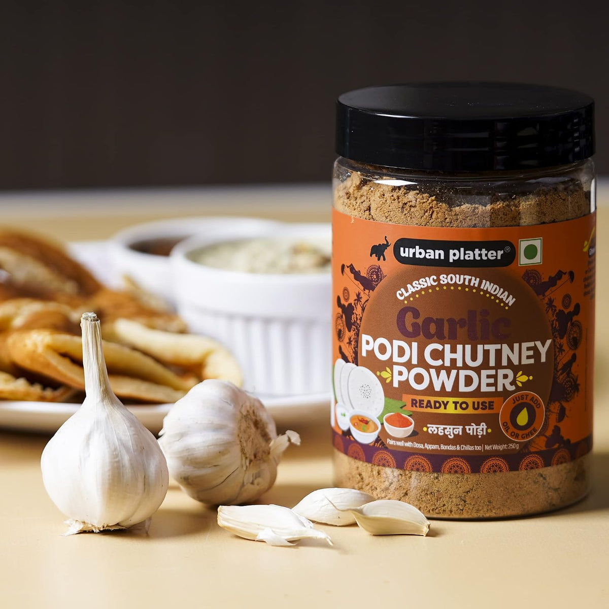 Urban Platter Classic South Indian Garlic Podi Chutney Powder, 250g (Ready to use, Just add ghee or Oil)