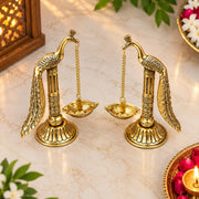 KridayKraft Peacock Design Metal Hanging with Chain Diya Pair of Peacock Design Bird Diya Deepak Oil Lamp