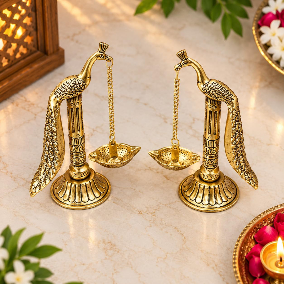 KridayKraft Peacock Design Metal Hanging with Chain Diya Pair of Peacock Design Bird Diya Deepak Oil Lamp
