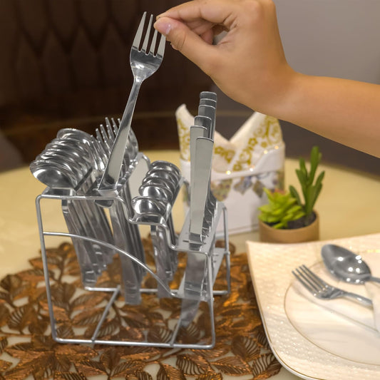 Parage Fantasy Stainless Steel Cutlery Set - Set of 25 (Contains: 6 Table Spoons, 6 Tea Spoons, 6 Forks, 6 Knives, 1 Stand), Spoon Set, Cutlery Set for Dining Table Stylish, Silver