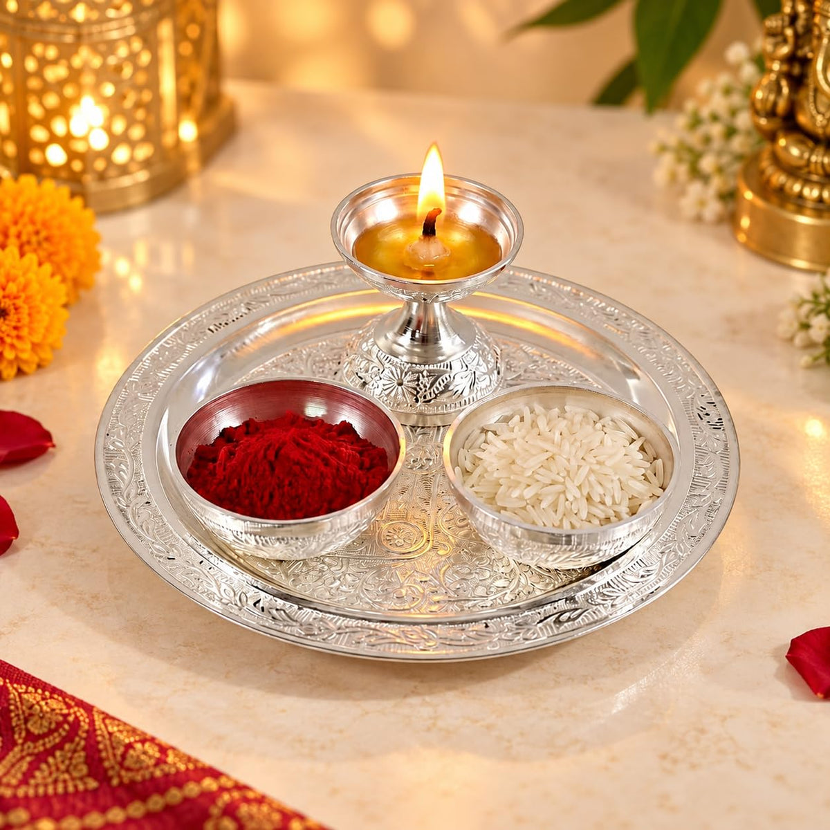 KridayKraft Silver Plated Pooja Thali Set with Swastik Design - Includes Diya and 2 Bowls for Puja, Diwali, and Gifting (19 cm Plate, 110g)