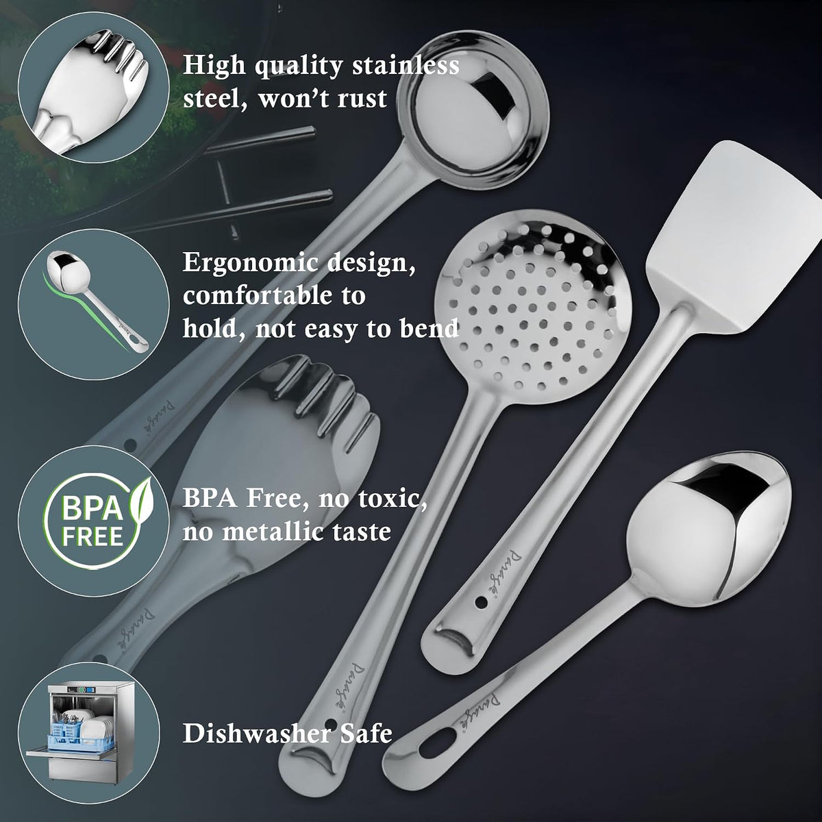 Parage 5 Pieces Stainless Steel Kitchen Tools Set for Kitchen Cooking and Serving, Pack of 5, Ladle(Karchhi), Skimmer(Jhara), Turner/Spatula (Palta), Basting and Rice Spoon, Silver