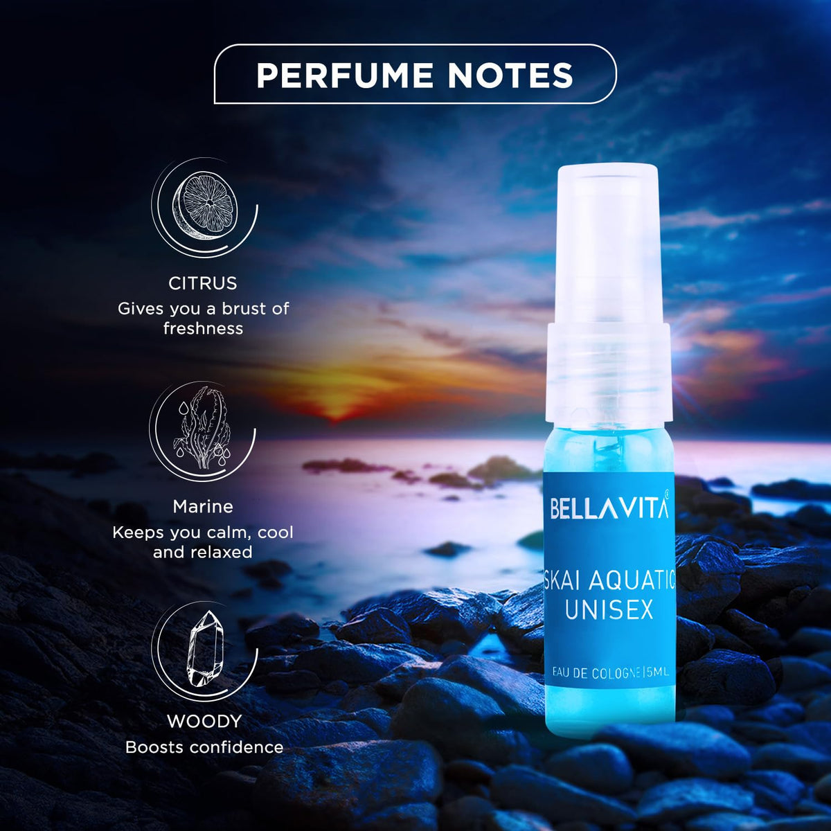 Bella Vita Luxury Skai Aquatic Unisex Eau De Cologne with Bergamot, Lavender & Patchouli|Premium, Long Lasting Woody Fragrance for Men & Women, 5ML