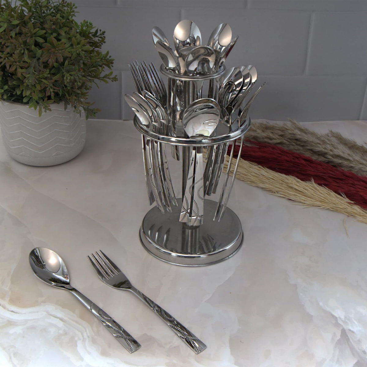 Parage 25 Pieces Beauty Premium Stainless Steel Cutlery Set for Home & Kitchen (Contains: 6 Table Spoons, 6 Forks, 6 Tea Spoons, 6 Dinner Spoons, 1 Stand), Spoon Set, Dining Tableware Fancy- Silver