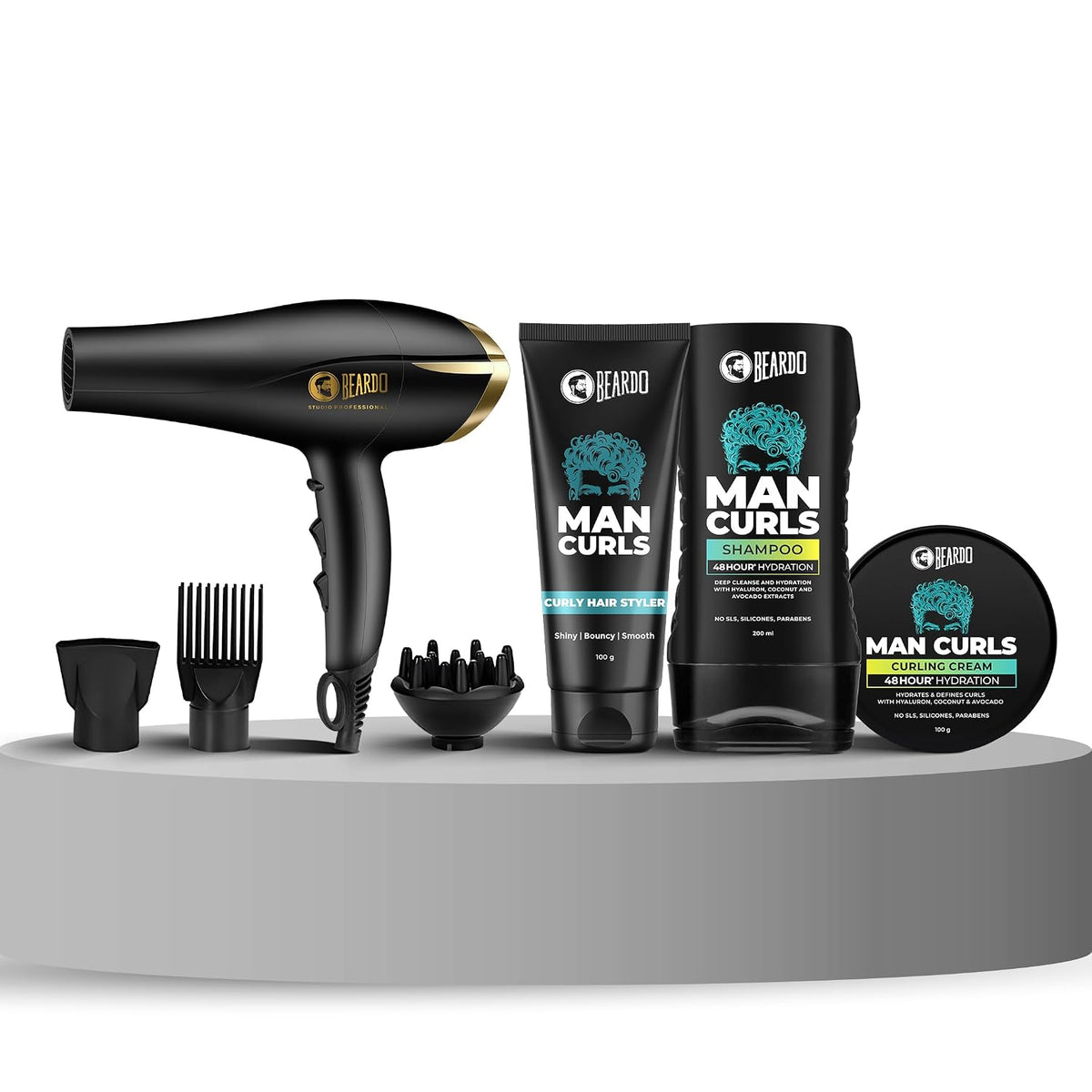 Beardo Man Curls Ultimate Styling & Care Kit: Tornado Hair Dryer, Man Curls Shampoo (200ml), Curling Cream (100g) & Curly Hair Styler (100g) for Defined, Frizz-Free Curls – Complete Professional Grooming Combo (Set of 4)
