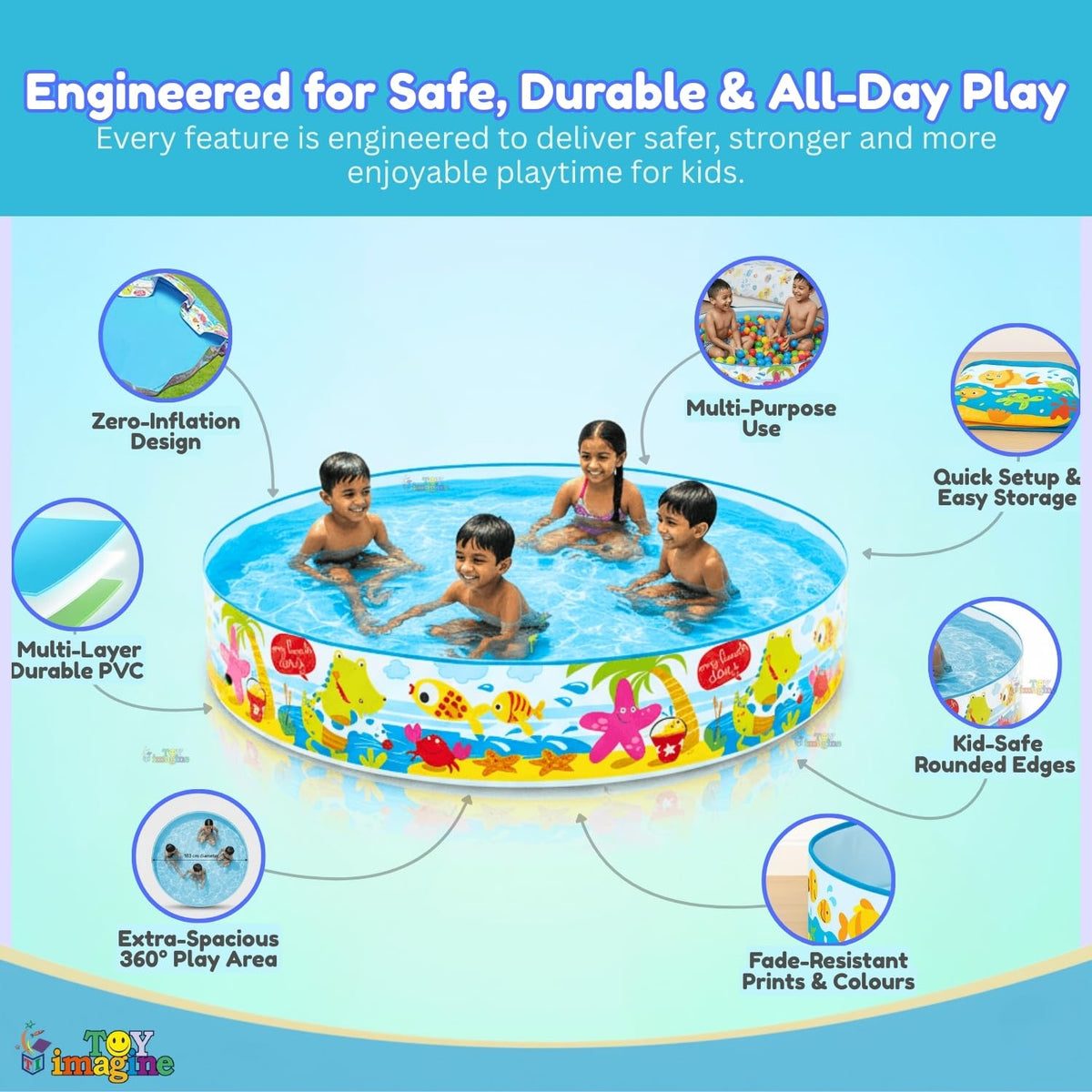Toy Imagine 6 ft Kids Non Air Swimming Pool – Large Outdoor Snapset Pool for Kids | Foldable Portable Garden Water Pool | No Air Pump Required | Summer Pool for 1–10 Years