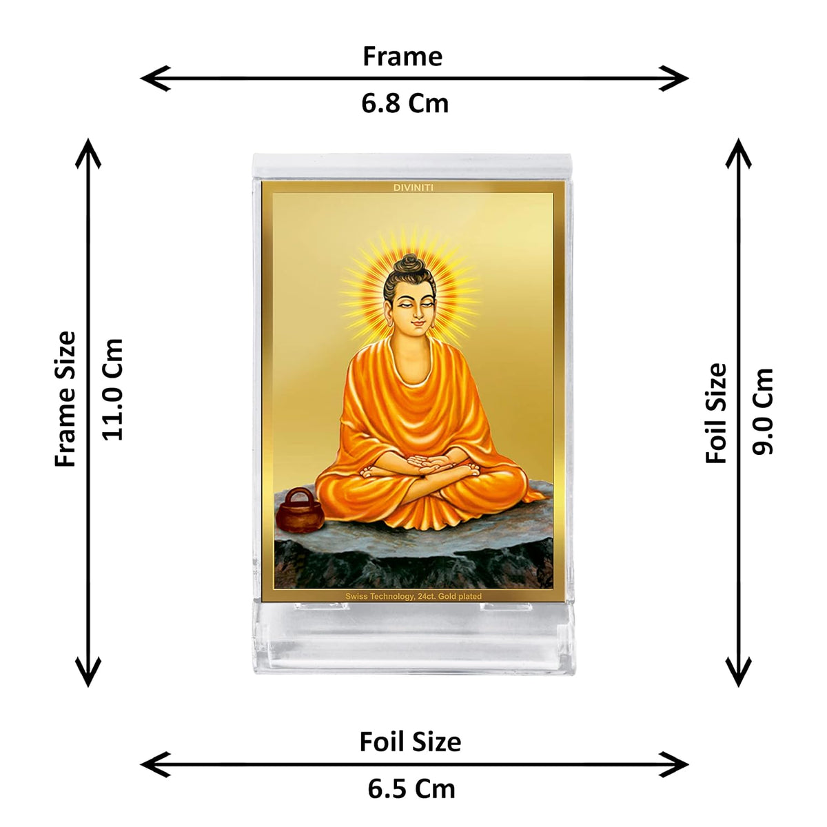 DIVINITI 24K Gold Plated Acrylic Lord Gautam Buddha Spiritual Dashboard Frame | Premium Devotional Gifting Item for Harmony, Peace & Blessings | Luxury Decor for Car, Office & Home | 11 X 7 CM