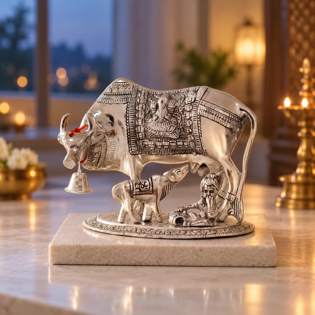KridayKraft Kamdhenu Cow & Calf with Bal Gopal Krishna Metal Statue Vastu Idol for Good Luck, Wealth & Prosperity, Feng Shui Showpiece for Home, Office & Housewarming Gift (Silver)