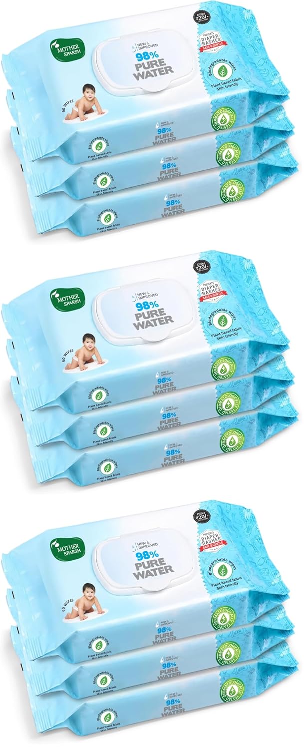 Mother Sparsh 98% Water Based Baby Wipes I Wet wipes made with Plant Fabric I 60 Pcs (Combo of 9)