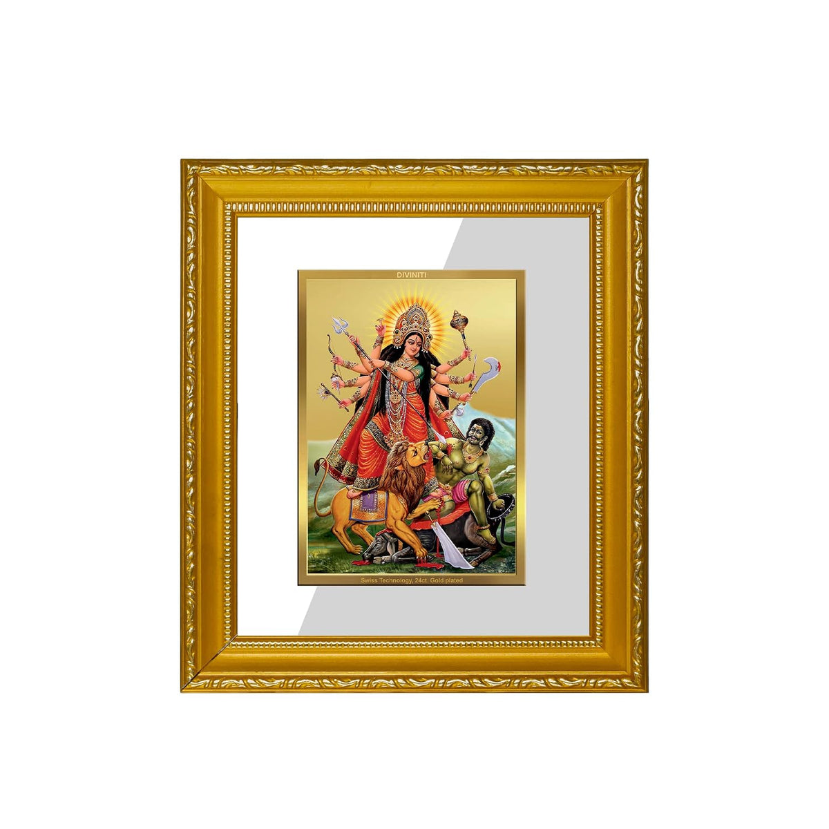 DIVINITI Goddess Durga Gold Plated Wall Photo Frame, Table Décor| DG Frame 101 Size 1 and 24K Gold Plated Foil| Religious Photo Frame Idol For Pooja, Gifts Items (13.5 CM X 15.5 CM)