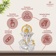 DIVINITI 999 Silver Plated Lord Ganesha Idol for Car Dashboard, Tabletop|Ganesh Statue for Good Luck and Success|Ganpati Murti for Home Decor Mandir, Office Desk Puja Gift Silver & Gold (8.4x4.2cm)