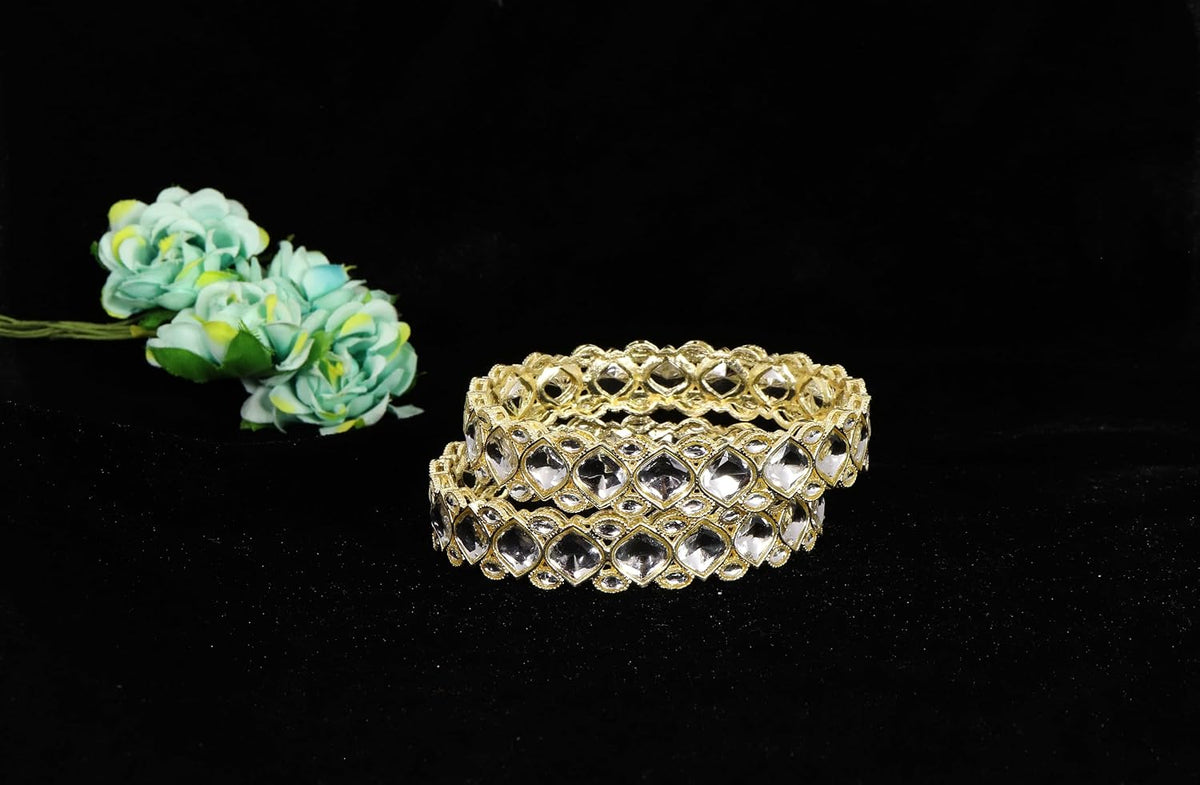 NMII Premium Gold Plated Metal with Kundan Mirror & Zircon Stone Bangles Set For Women & Girls | Bangles For Women Traditional | Metal Bangles with Mirror | Wedding, Party, Occasion Wear- Set of 2