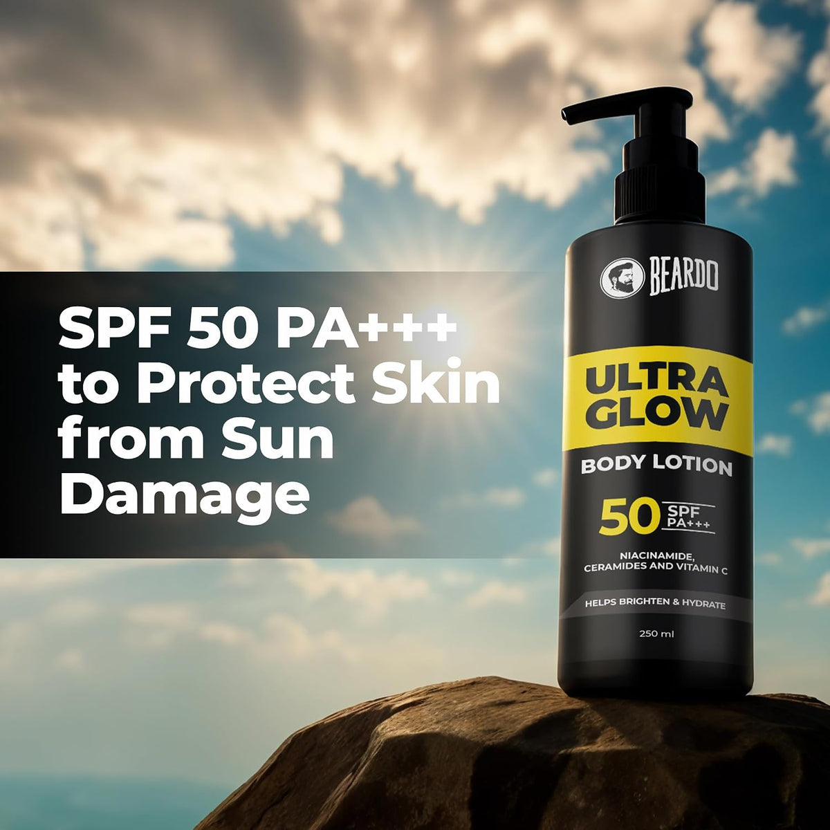 Beardo Ultraglow SPF 50 PA+++ Body Lotion for Men, 250 ml | Sun protection,Hydrating & Light Weight Winter Moisturizer for Body | Moisturizes & Nourishes Dry Skin | Body Butter for Men