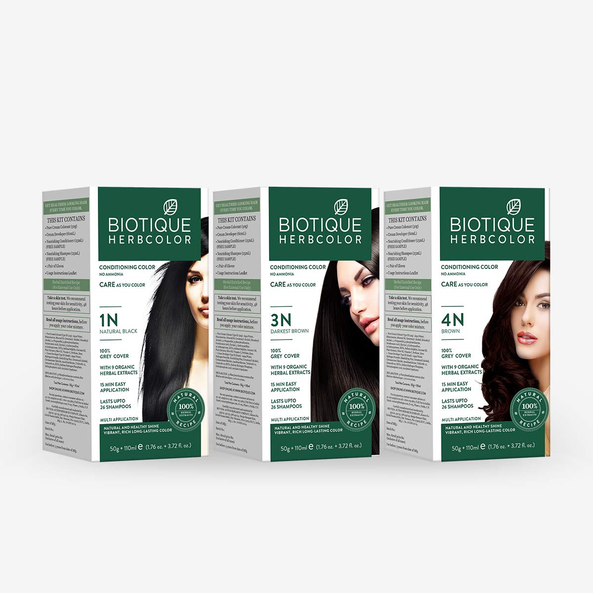 Biotique Herbcolor Conditioning Hair Colour l Ammonia Free Hair Color l 9 Organic Herbal Extracts l Natural and Healthy Shine l 50g + 110ml| Darkest Brown 3N (Pack of 2)
