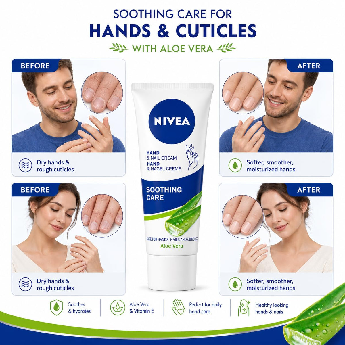 NIVEA Hand & Nail Cream Soothing Care with Aloe Vera, Moisturising Care for Dry Hands, Nails & Cuticles, 75 ml