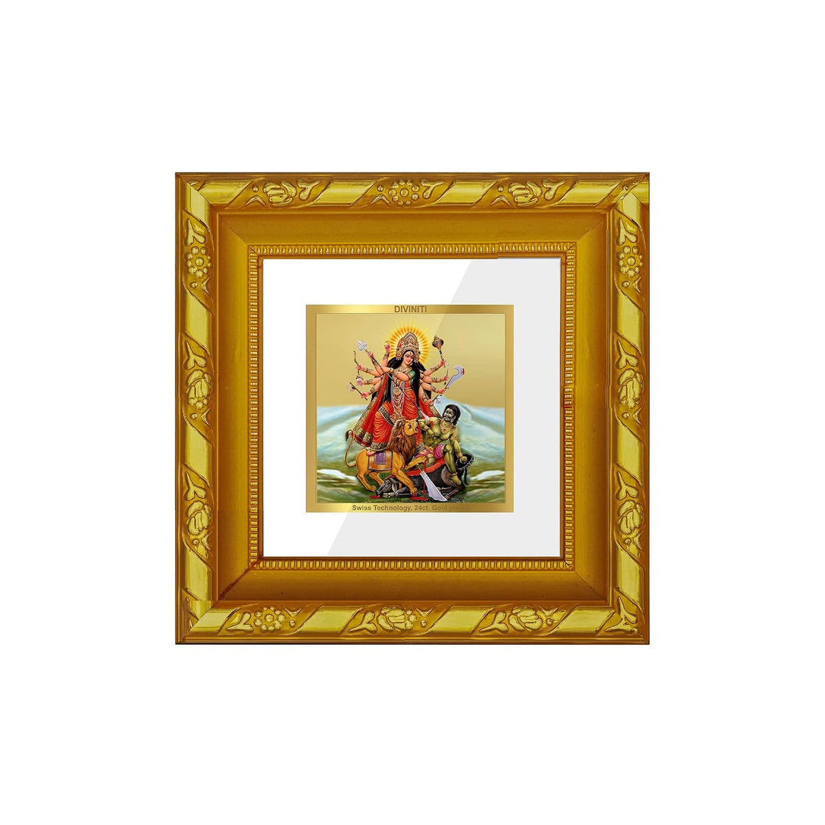 DIVINITI Goddess Durga Gold Plated Wall Photo Frame, Table Décor| DG Frame 103 Size 1A and 24K Gold Plated Foil| Religious Photo Frame Idol For Pooja, Gifts Items (10.8 CM X 10.8 CM)