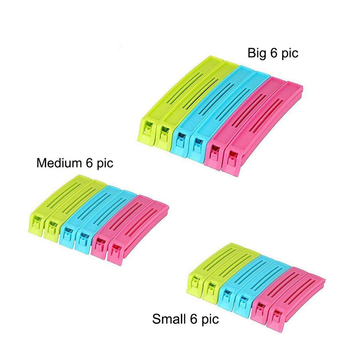 E-COSMOS® 18 Pcs - 3 Different Size Plastic Food Snack Bag Pouch Clip Sealer Large, Medium, Small Plastic Snack Seal Sealing Bag Clips Vacuum Sealer (Set of 18, Multi-Color), Mix Size