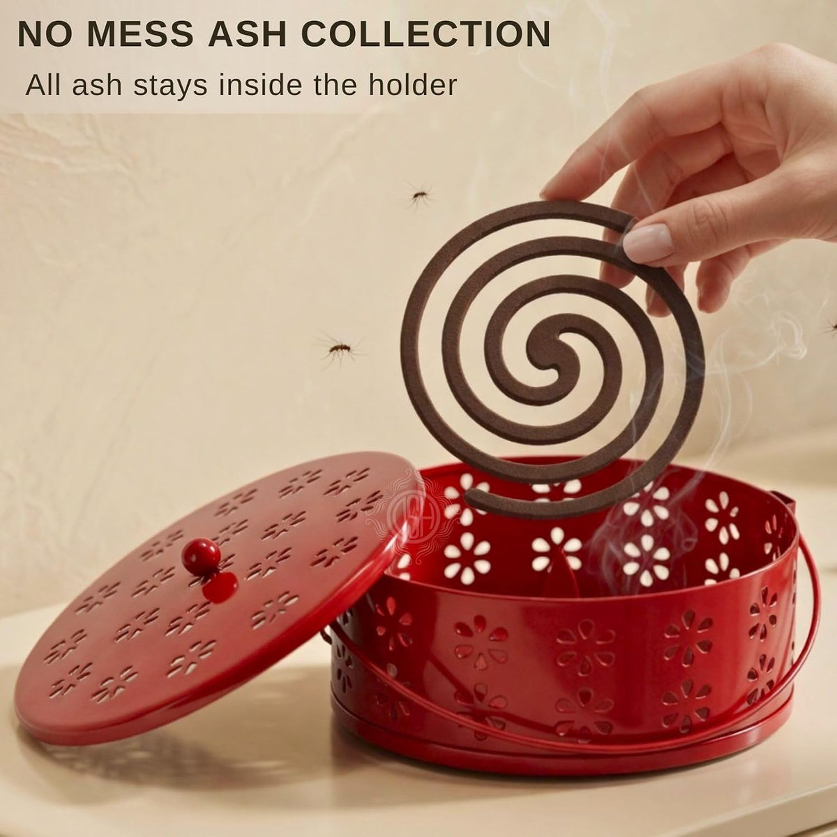 DSH Metal Mosquito Coil Holder with Lid & Handle Ash Catcher Stand for Mosquito Coil Indoor Outdoor Safe Use (Red)