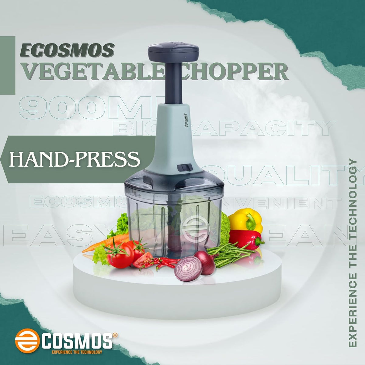 E-COSMOS Food Chopper Manual Hand Press Push Chopper with 4 Blades for Effortless Chopping Vegetables & Fruits (