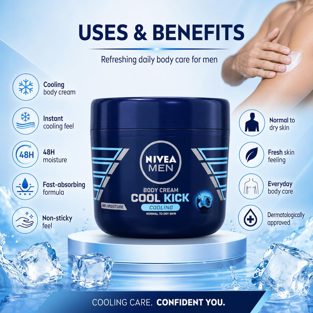 NIVEA MEN Cool Kick Body Cream for Normal to Dry Skin, 48H Moisture, Cooling Effect, Fast-Absorbing Non-Sticky Formula, 400 ml