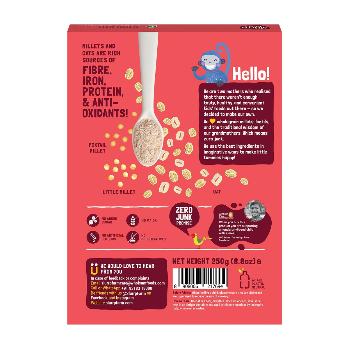 Slurrp Farm Porridge, Millet And Oats Powder | Instant Healthy Wholesome Food, No Added Sugar No Salt, 250 G