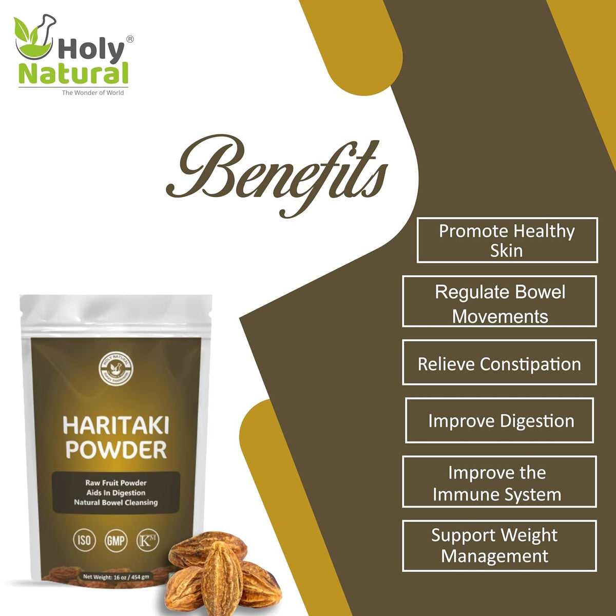 Holy Natural Haritaki Powder for Digestion and Natural Bowel Cleansing, Raw Fruit Powder, 454 gm