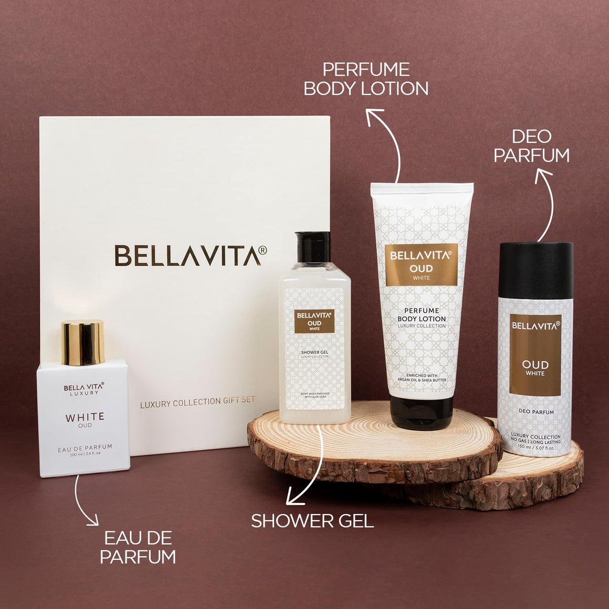 Bella Vita Luxury OUD WHITE Gift Set with Shower Gel 250 Ml for Deep Cleansing, EDP Perfume 100 Ml, No Gas Deo Body Parfum 150 Ml & Perfume Body Lotion 200 Ml