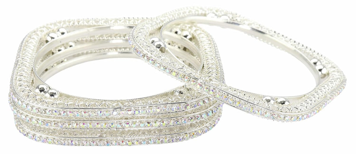 NMII Trendy Square Shaped Alloy Metal Bangles Set For Women & Girls with Zircon Diamond Stone | Latest Girl's Bangles Bracelet | Kangan For Women Wedding, Party, Special Occasion, Daily- Set of 4