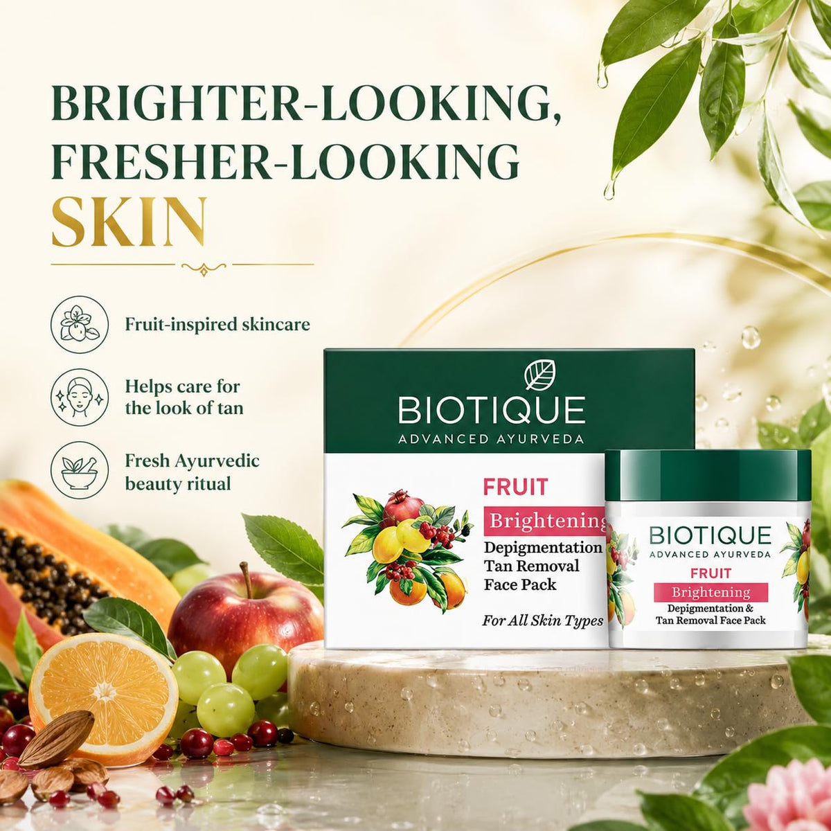 BIOTIQUE Fruit Whitening Face Pack 75g And Saffron Dew Cream for All Skin Types 175g (250 ml)