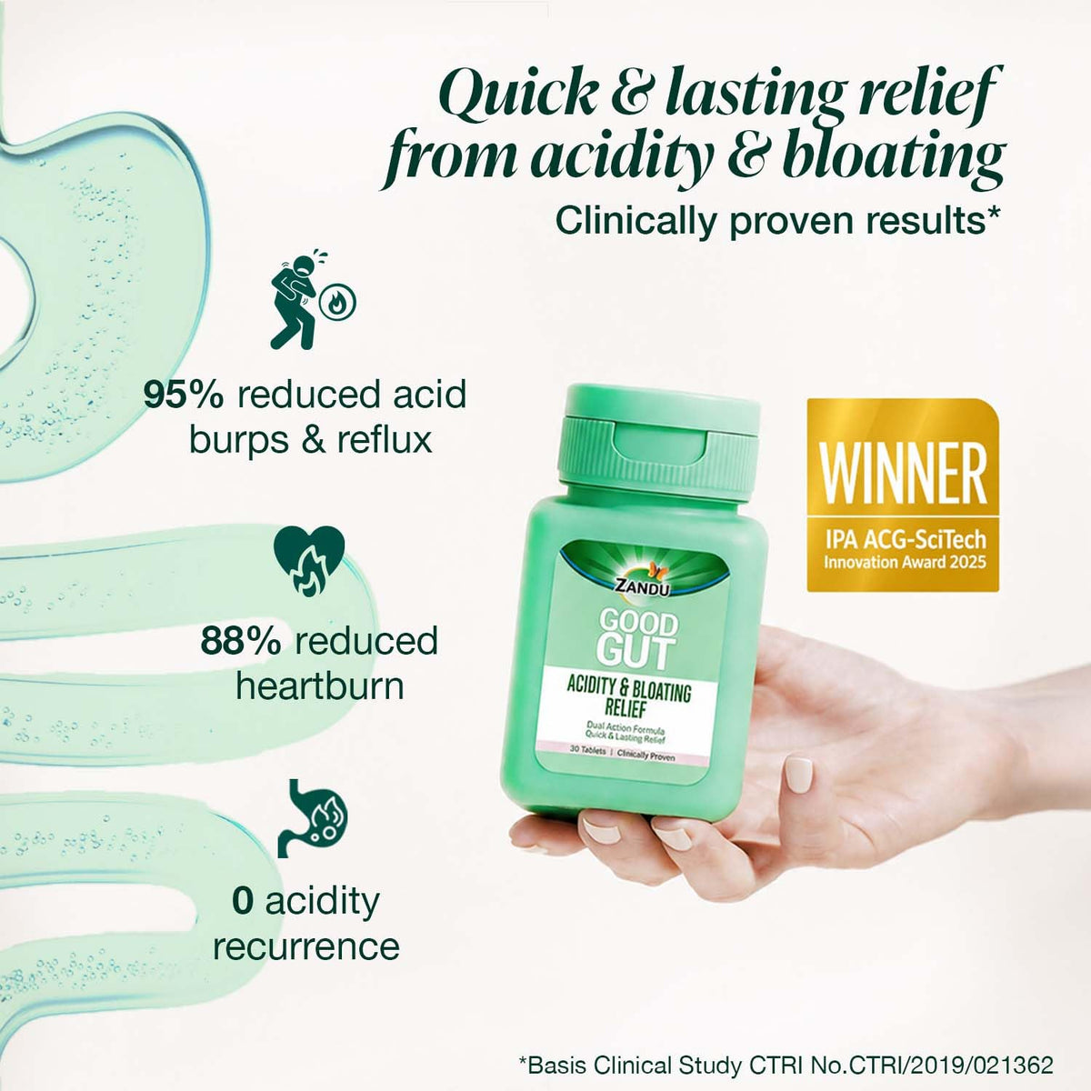 Zandu Good Gut Acidity & Bloating Relief Tablets | Clinically Proven | Instant & Long-Lasting Relief | Non-Habit Forming, 30 Tablets