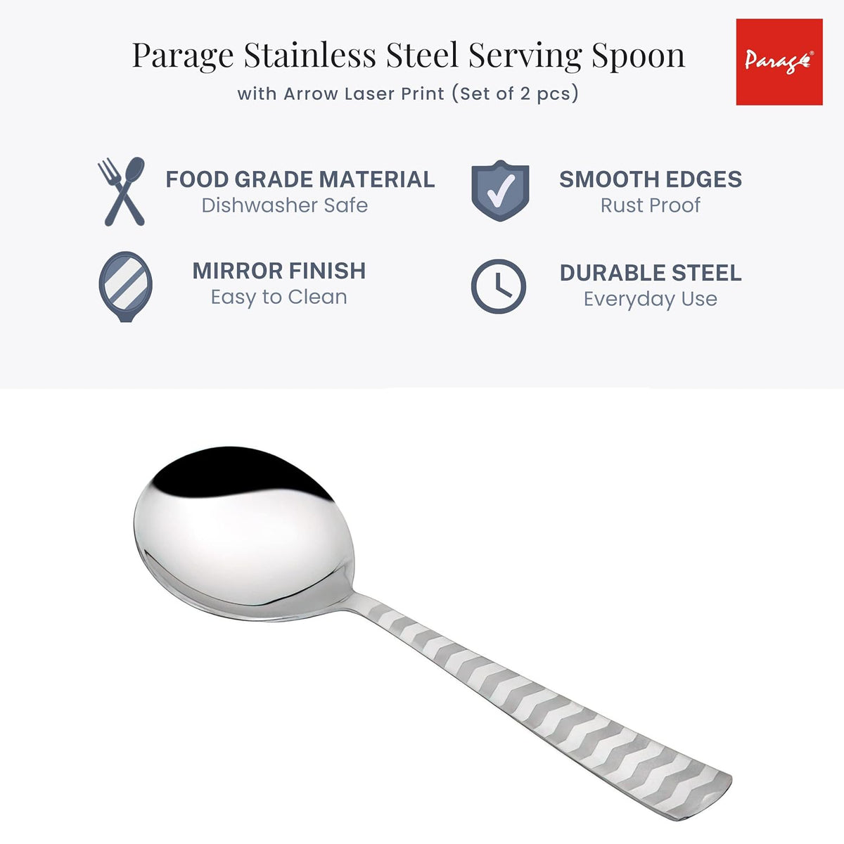 Parage 2 Pieces Stainless Steel Serving Spoon, Big Spoons Set, Silver, Arrow Design Cutlery, 21 cm