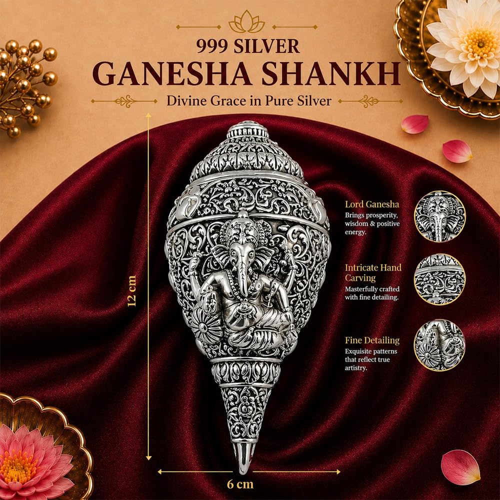 DIVINITI Antique Silver Plated Ganesh Shankh Showpiece with Gift Box|Lord Ganesha Decorative Conch for Home Temple, Pooja Room & Spiritual Decor|Religious Gift for Diwali & Housewarming|12 x 6 cm
